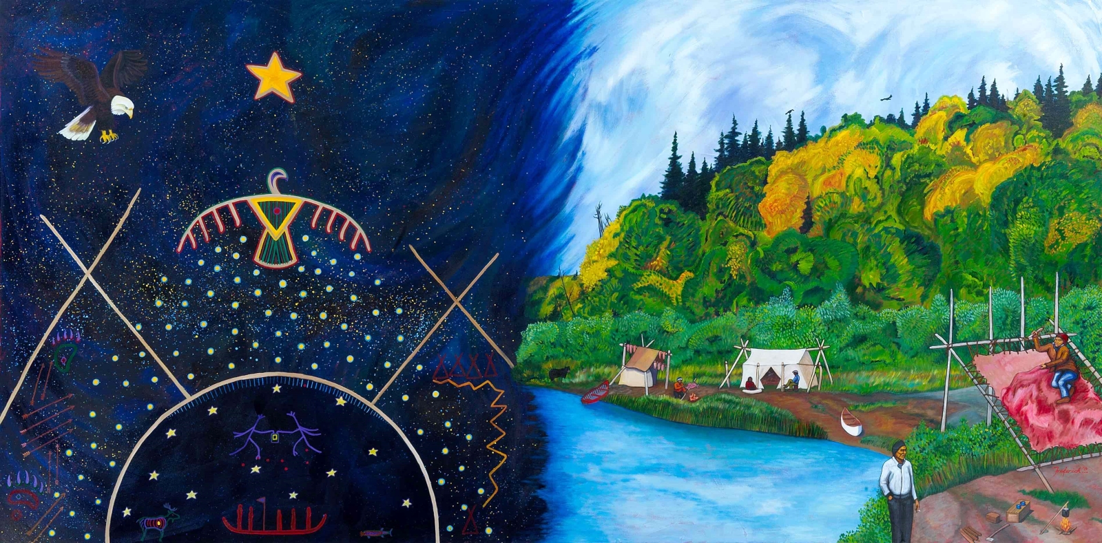 a painting of traditional cree symbols and bush life